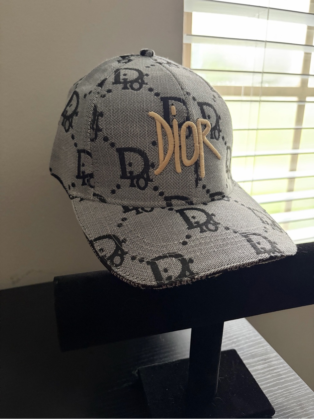 Dior Gray Monogram Baseball Cap with Beige Dior Script